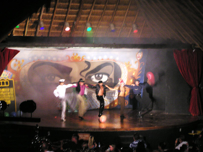 There was entertainment on the stage every night - here the entertainment staff throw themselves into a Village People routine.  (90k)