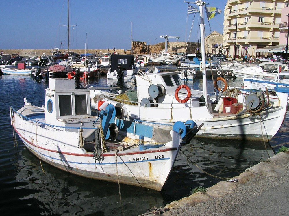 Fishing boats moored in Chania harbour.