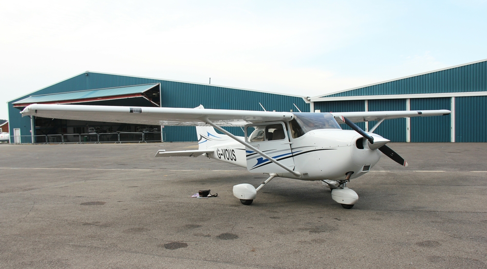 The Cessna 172 which Berni flew, parked outside the hangars at Booker airfield near High Wycombe.