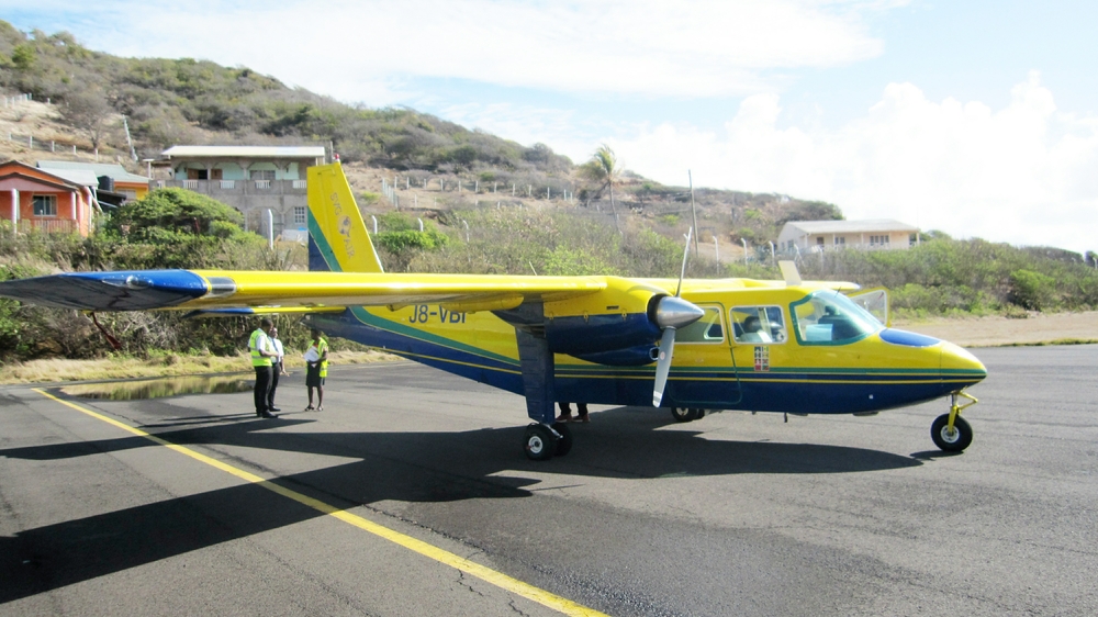 An early start on a 8-seat Britten Norman Islander from SVG Air that took us to the Grenadines, seen here parked at Union Island Airport.
