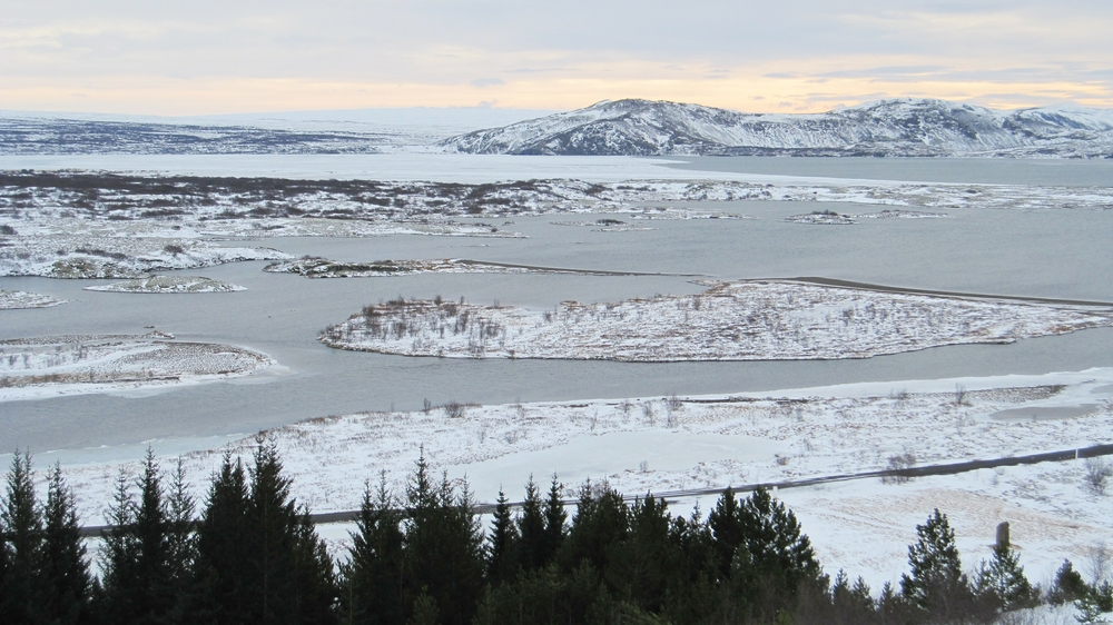 Looking out from the visitor centre over the huge, partially-frozen Þingvallavatn lake. 