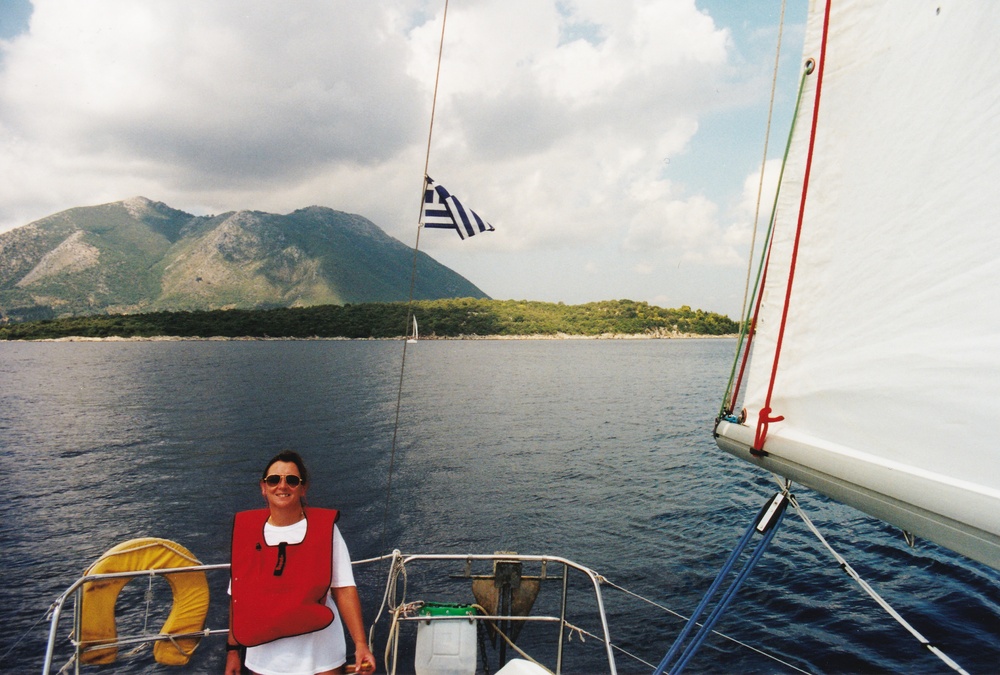 Linda sailing Paulina near Skorpios (the Onassis island).