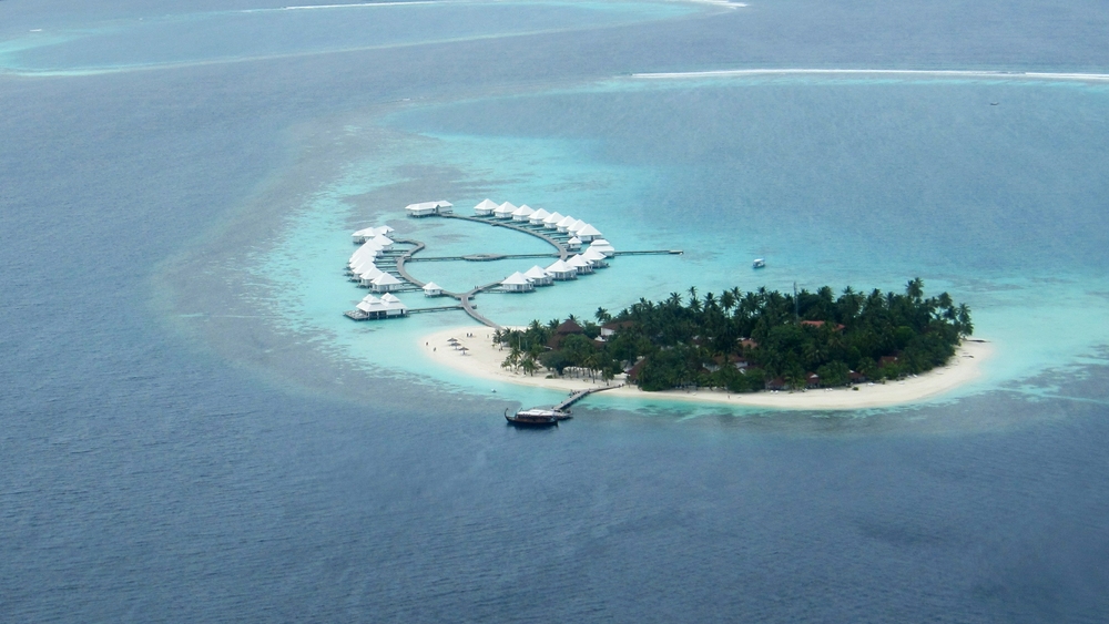 Thudufushi's sister island, Athuruga, from the seaplane.