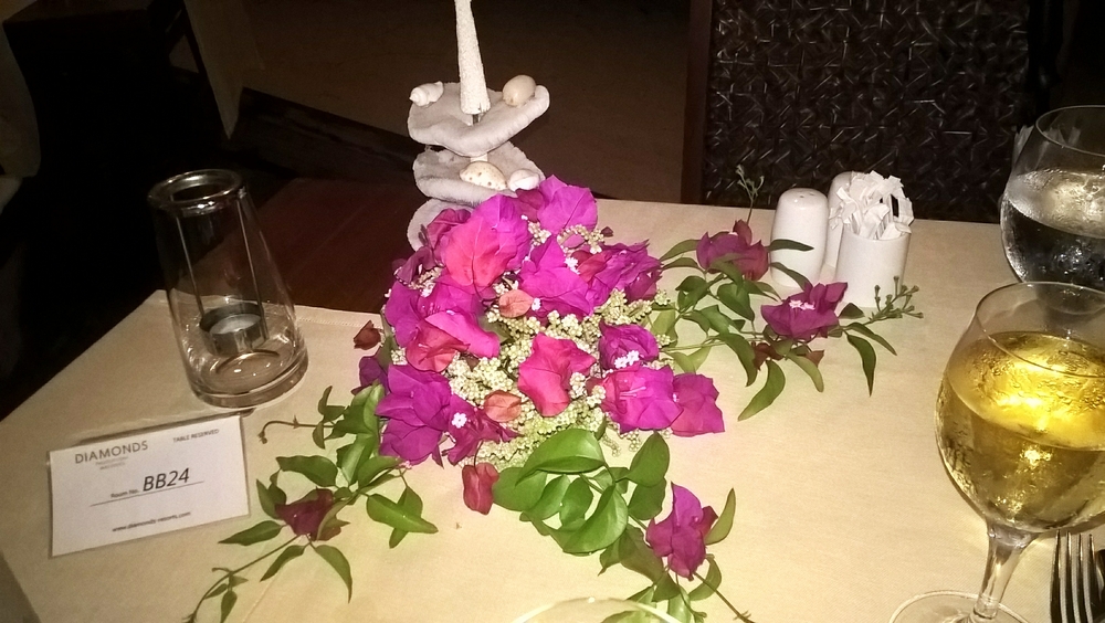 Our waiter Mohammed decorated our table with bougainvillea on our last night.