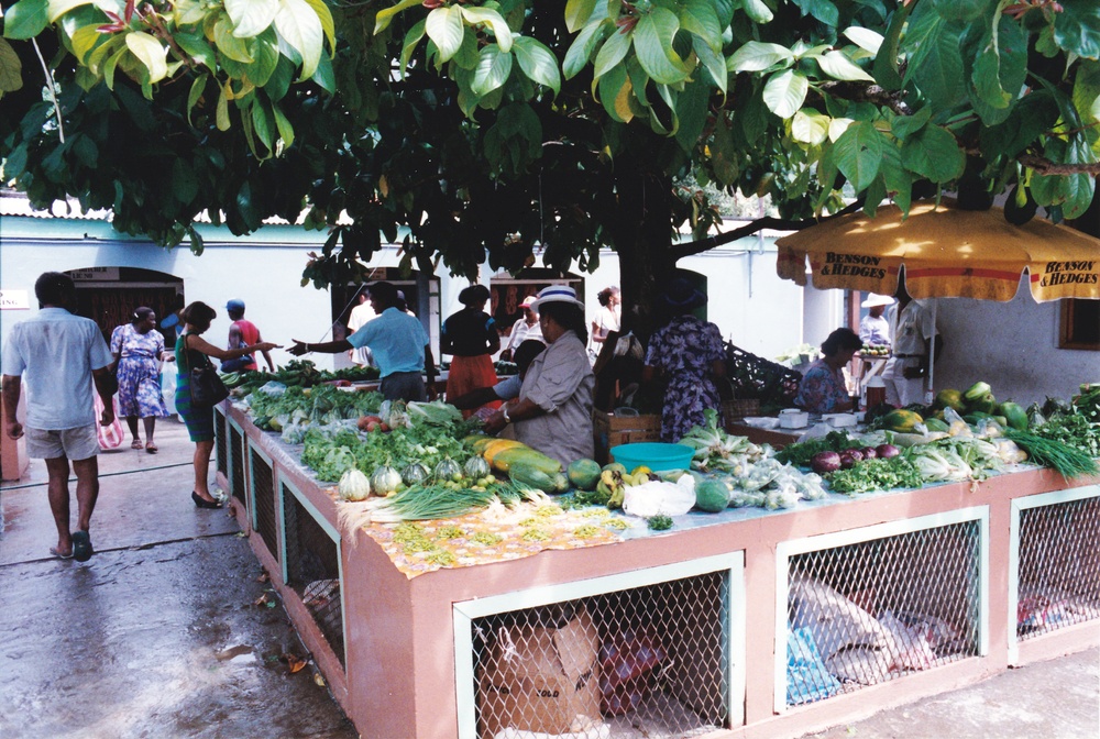 Behind the vegetable stalls the Seychelles women wore their Sunday Best.