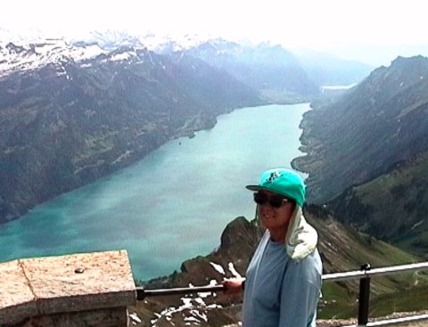 View of the Brienzer See from the summit of the Rothorn at 2400m. 
            Yes, it really <em><strong>was</strong></em> that blue!