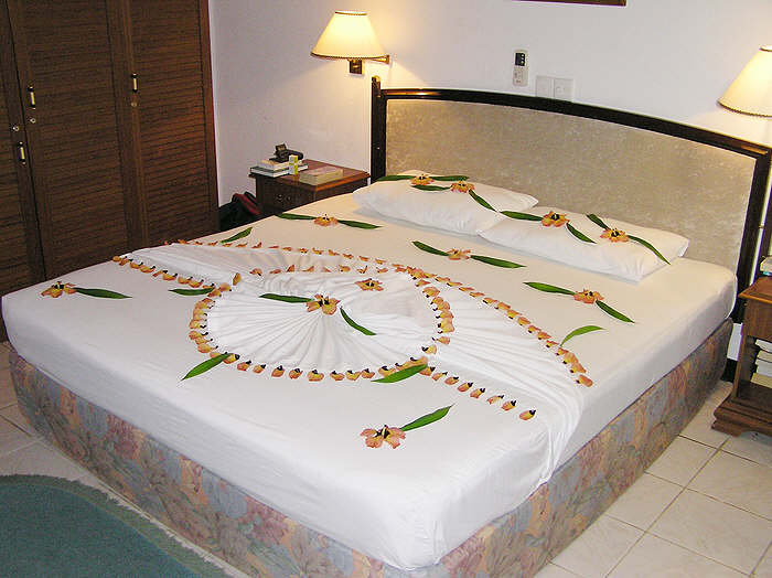 Our room boy decorated our bed with flowers and leaves.  (57k)