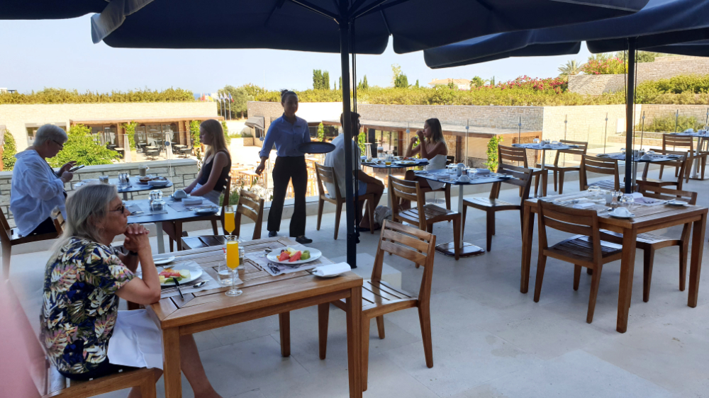 Breakfast at Yeronisos restaurant. Only a dozen or so tables occupied.