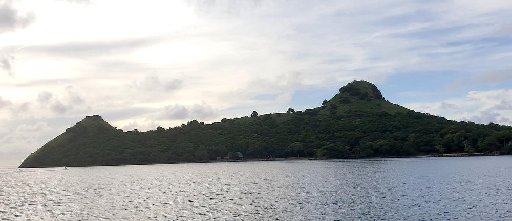 Pigeon Island. Fort Rodney is on the left-hand peak, with Signal Point on the right-hand peak.